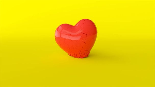 El corazón rojo se rompe en pedazos en la superficie amarilla. Concepto de corazón roto. ilustración 3d - Foto, imagen