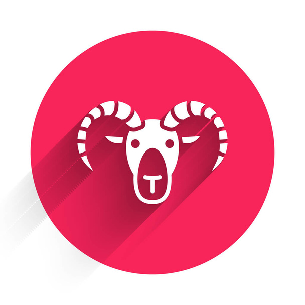 White Head of goat or ram icon isolated with long shadow. Mountain sheep. Animal symbol. Red circle button. Vector. - Vector, Image