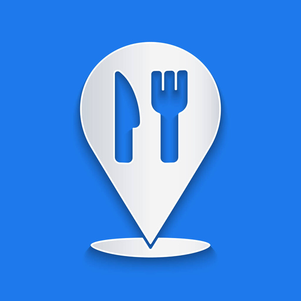 Carta tagliata Cafe e icona posizione ristorante isolato su sfondo blu. Forchetta e cucchiaio segno ristorante all'interno punto focale. Stile cartaceo. Vettore.. - Vettoriali, immagini