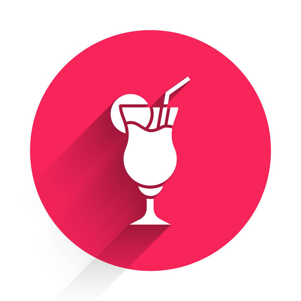 Witte Cocktail en alcohol drinken icoon geïsoleerd met lange schaduw. Rode cirkel knop. Vector. - Vector, afbeelding