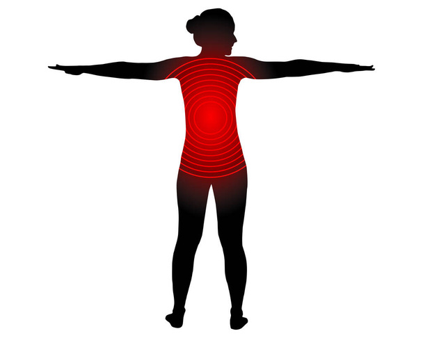 Vista posterior de la mujer con símbolo para el dolor en la espalda - Vector, imagen