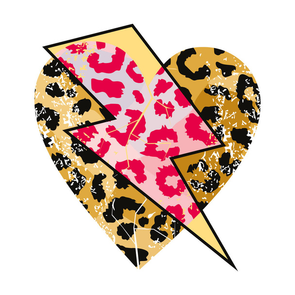 Illustration vectorielle d'un cœur imprimé animal avec le symbole de foudre croisé. - Vecteur, image