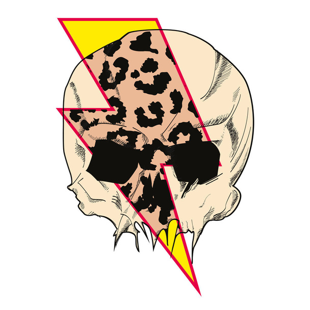 Vector illustration of a human skull crossed by lightning bolt symbol with animal print texture - Vector, Image