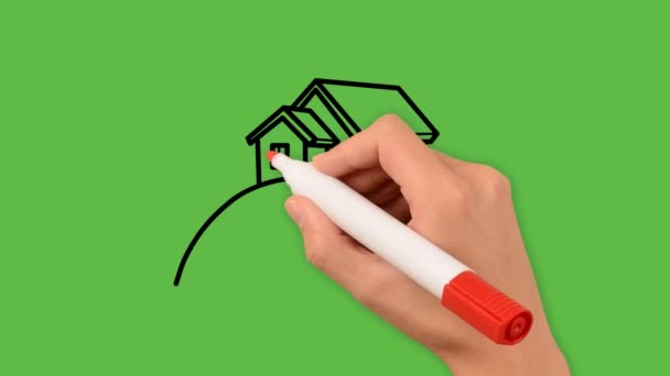 kreslení domů se silniční umění s kombinací barev na zeleném pozadí - Záběry, video