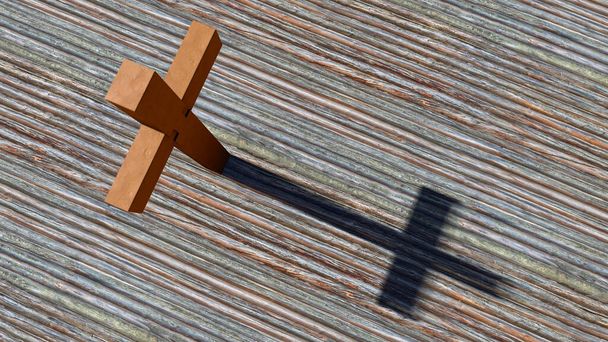 Konzept oder konzeptionelles Metall rostiges Kreuz auf einem natürlichen Holz oder Holz Holzscheit Hintergrund. 3D Illustration Metapher für Gott, Christus, religiös, Glaube, heilig, geistlich, Jesus, Glaube, Auferstehung - Foto, Bild