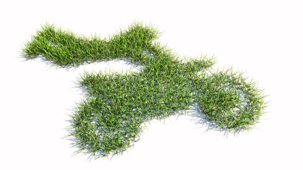 Концепция или концептуальный зеленый летний газон символ травы изолированы на белом фоне, знак каскадера на мотоцикле. 3D иллюстрации метафоры для спорта, адреналина, экстремальной конкуренции, опасности, развлечения - Фото, изображение