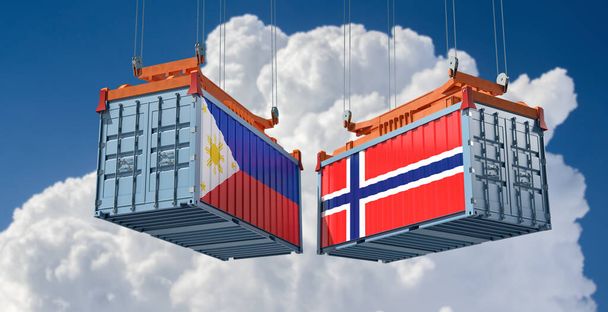 Nákladní kontejnery s vlajkou Norska a Filipín. 3D vykreslování  - Fotografie, Obrázek