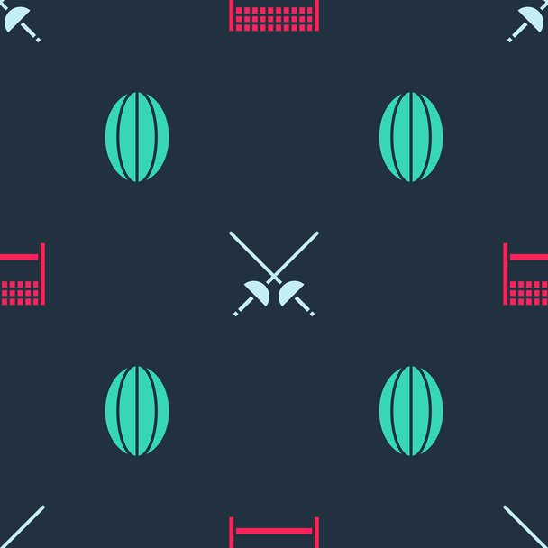 Conjunto de cinta en la línea de meta, esgrima y pelota de rugby en el patrón sin costuras. Vector. - Vector, Imagen