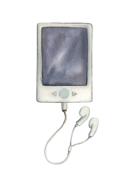Watercolor illustration of a phone with headphones on a white background - Fotó, kép