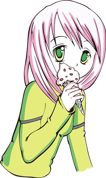 Menina agradável em estilo anime comendo um sorvete. Ilustração Vector EPS pronta para vinil
. - Vetor, Imagem