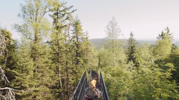 Laaja panorointi laukaus vanhempi nainen reppu kävely vaellus polulla vuorilla ja tarkastella luonnonkaunis metsä ympäri matkustaessaan kansallispuistossa - Materiaali, video