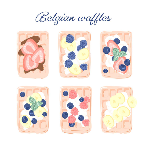 Set of drawing with Belgian waffles decorated with fruits and berries. Hand-drawn illustration for food or lifestyle blog - Vector, Image