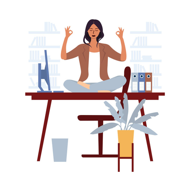 Płaska ilustracja wektorowa bizneswoman siedzącej na biurku w pozycji lotosu na relaks z powodu stresujących sytuacji. Koncepcja relaksu i medytacji w ciągu dnia pracy. - Wektor, obraz