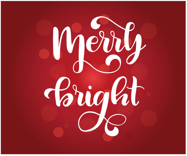white merry bright cursive lettering on red background with dots - Vetor, Imagem