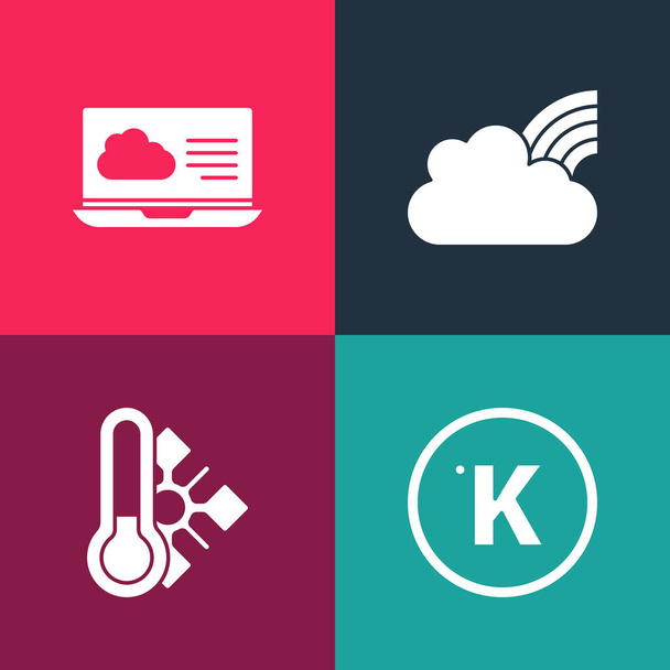 Set pop art Kelvin, Meteorologický teploměr, Duha s mraky a předpověď počasí ikona. Vektor. - Vektor, obrázek