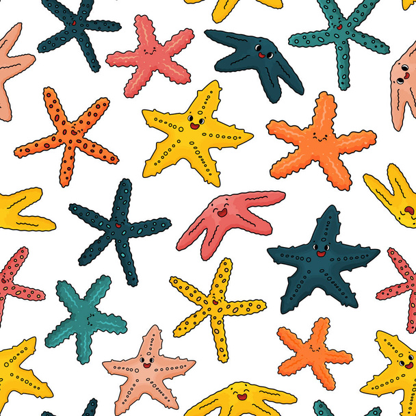 Patrón inconsútil de contorno vectorial de dibujos animados estrellas de mar Estrella de mar con ojos, sonrisa. Doodle Invertebrados marinos con cinco brazos, de colores brillantes en rojo, naranja, amarillo, azul. Aislado sobre fondo blanco - Vector, imagen
