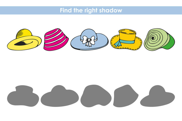 Trova ombre corrette di ogni cappelli estivi. Gioco logico educativo per bambini isolati su sfondo bianco. Illustrazione vettoriale - Vettoriali, immagini