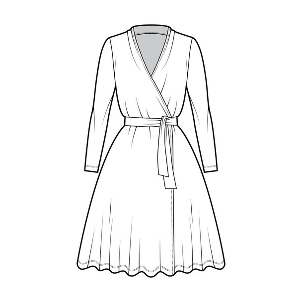 Kääre mekko tekninen muoti kuvitus syvä V-kaula, pitkät hihat, ylimitoitettu, polven pituus, pyöreä leikkaus, tie tasainen - Vektori, kuva