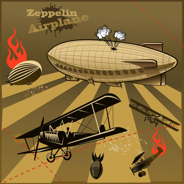 Vintage wereldoorlog tweedekkers en Zeppelin. Eerste Wereldoorlog  - Vector, afbeelding