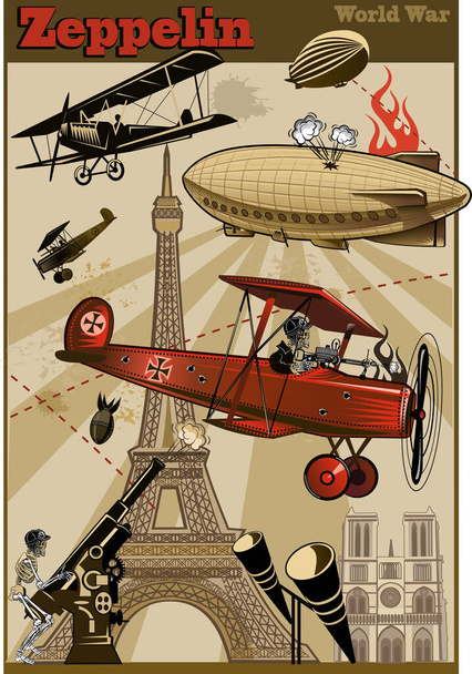 Vintage World War biplanes and Zeppelin Перша світова війна  - Вектор, зображення