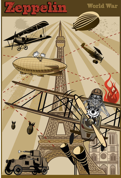 Biplans vintage de la guerre mondiale et Zeppelin. Première Guerre mondiale  - Vecteur, image