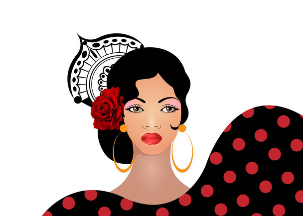 Portrait of flamenco woman, beautiful girl, Spanish style. Latin Lady wearing folk accessories ethnic comb, peineta, red rose flower and earrings, polka dots dress. Vector isolated on white background - Vector, Image