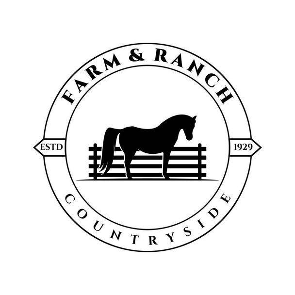 ファームと牧場のロゴベクトルのイラストデザイン、フェンス馬のロゴヴィンテージ - ベクター画像