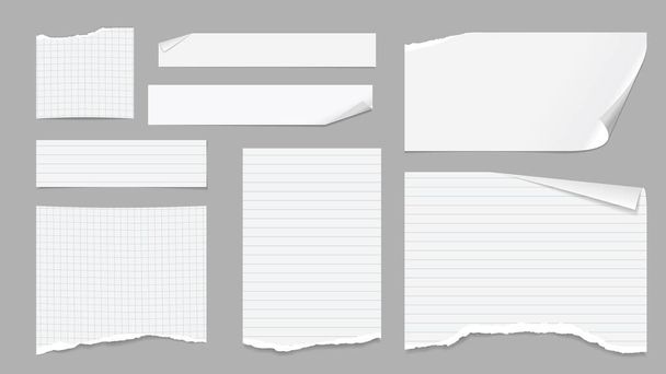 Satz zerrissener weißer Notizen, Notizheftpapierstücke mit gefalteten Ecken, die auf hellgrauem Hintergrund kleben. Vektorillustration - Vektor, Bild