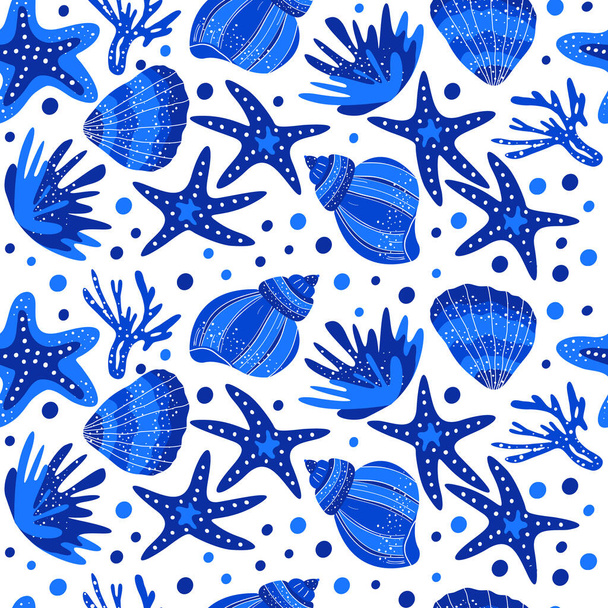 海の青さのないパターン。貝殻、貝、ヒトデ、サンゴ。織物、織物、壁紙、プリントのデザイン - ベクター画像
