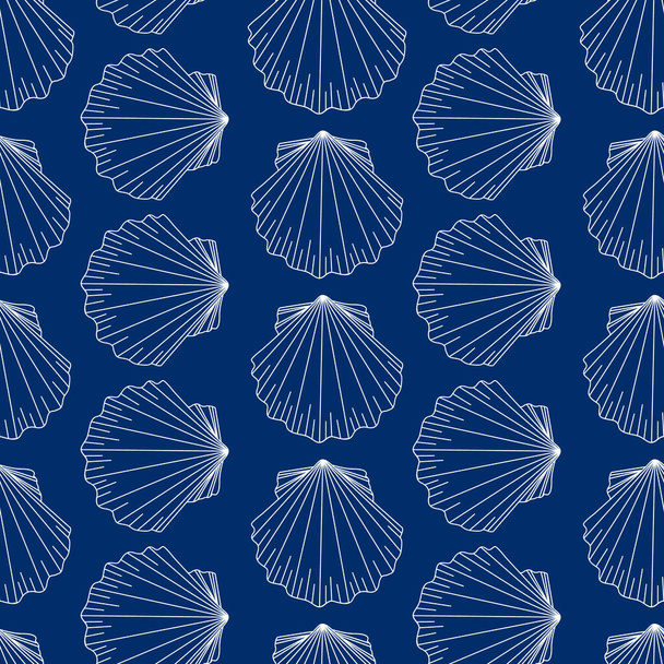 Oyster marine pattern. White contour molluscs on a blue background. Design for fabrics, textiles, packaging, paper - Vector, Image