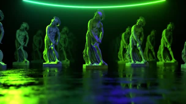 Filozof heykeli neon ışığıyla aydınlatılır. Müze sanat eseri 3 boyutlu taramayla elde edildi. Retro fütüristik tasarım. 3d oylama - Video, Çekim