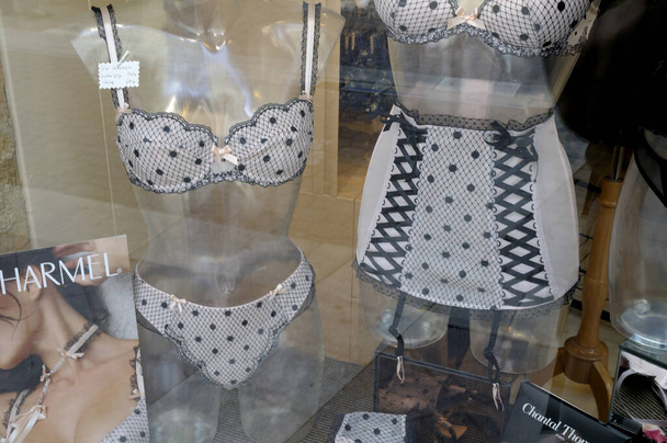 Lingerie for sale in a Nevers shop, Nevers, Burgundy, France - Foto, immagini