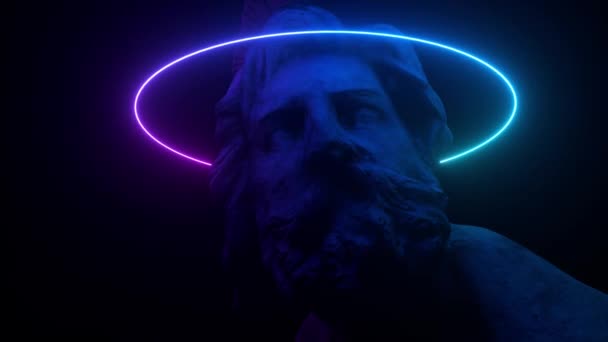 Philopoemen Escultura iluminada por luz de neón. Objeto de arte del museo obtenido por escaneo 3D. Diseño futurista retro. animación 3d - Metraje, vídeo