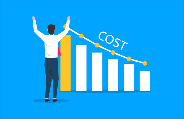 Costs reduction, costs cut, costs optimization business concept. Businessman views graph with descending curve. vector illustration - Διάνυσμα, εικόνα