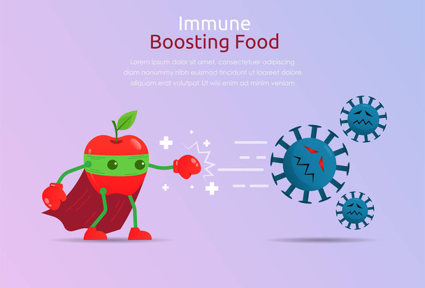 Funny cartoon character of apple superhero fight against outbreak viruses and bacteria. Power of immune boosting food concept to fight disease. vector illustration - Vettoriali, immagini