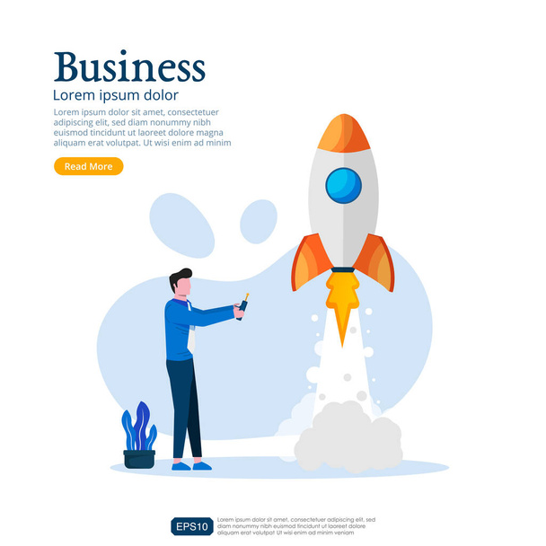 Business start up design concept. Businessman character holding remote control with modern rocket vector illustration. Creative idea for new business .For website, banner,poster, flyer or mass media - Vector, afbeelding
