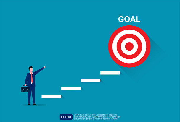 Businessman character aiming to the goal or target illustration. Stair to the success target in business vector template - Vector, Image
