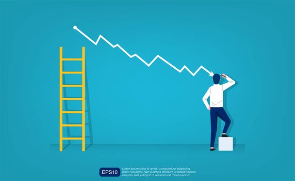 Costs reduction, costs cut, costs optimization business concept. Businessman draw simple graph with descending curve and ladder symbol. vector business illustration - Vettoriali, immagini