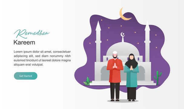 Tarjeta de felicitación Ramadán. Hombre y mujer carácter musulmán con luna creciente, estrellas y mezquita como fondo. Ramadán Kareem o celebrando el Eid. plantilla de landing page web, banner, presentación o social - Vector, imagen