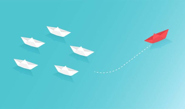 Paper boat sailing on blue ocean design concept. Paper art style of business teamwork and one different vision creative concept idea. Vector illustration - Wektor, obraz