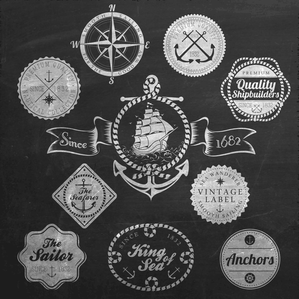 Set Of Vintage Retro Nautical Badges And Labels On Chalkboard - Photo, Image