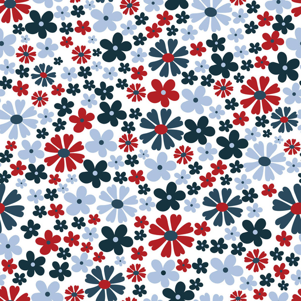 Retro style minimalist floral seamless pattern in red and blue. - Vector, Image