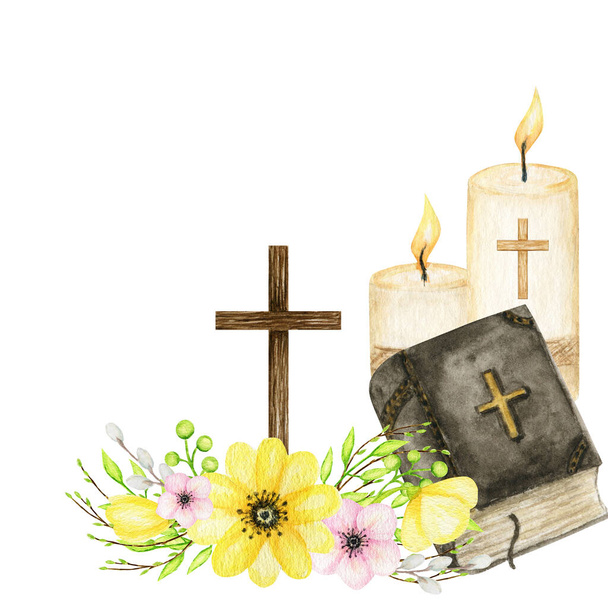 Wooden Christian Cross with flowers, bible, vandles. Catholic Church floral cross composition isolated on white background. Religion symbol for Easter, Baptism, first communion card - Photo, Image