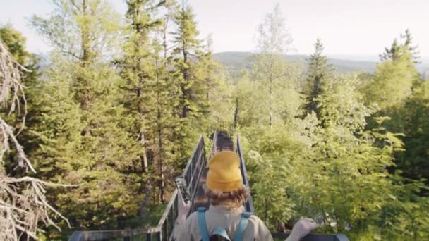 Sklon dolů vysoký úhel záběr seniorské turistické s batohem chůze na turistické stezce v národním parku a fotografování scénickou přírodu s chytrým telefonem - Záběry, video
