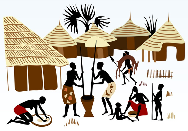Fondo paisaje de África. Hunter, Vida familiar africana
 - Vector, imagen