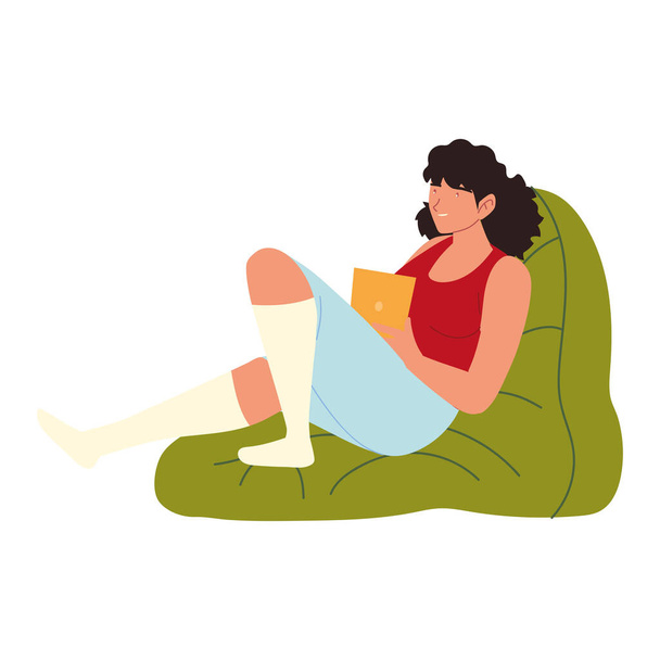 woman using tablet sitting on chair, procrastination - Vektori, kuva