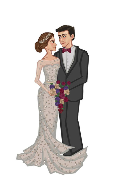Elegáns menyasszony gyönyörű esküvői ruhát és vőlegényt visel fényűző frakkban és cilinderben. Friss házasok párja, fehér alapon elszigetelve. Kiváló minőségű illusztráció - Fotó, kép