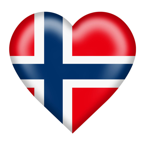Kırpma yolu 3d illüstrasyonlu bir Norveç bayrağı kalp düğmesi beyaza izole edilmiş - Fotoğraf, Görsel