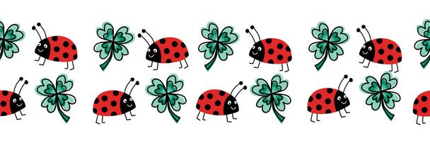 Seamless ladybug and four leaf clover vector border. Flat red Ladybugs and clover leaves on white horizontal repeating pattern. Cute good luck charms animal kids design for print, fabric trim, footer. - Vector, Image