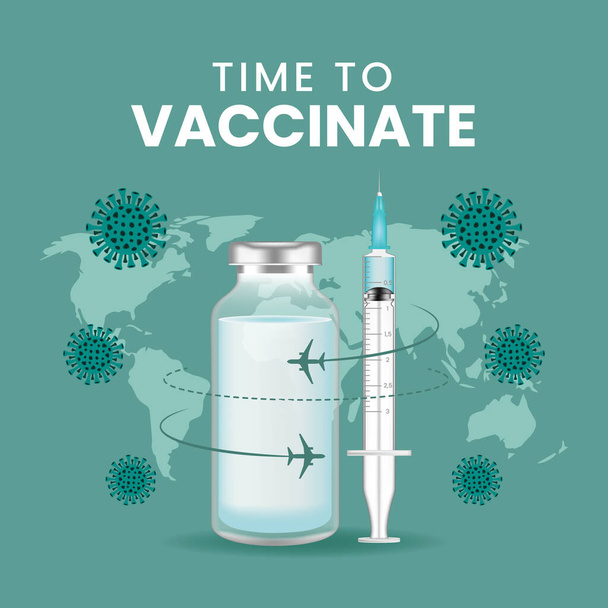Coronavirus vaccine vector background. Covid-19 corona virus vaccination with vaccine bottle and syringe injection tool for covid-19 immunization treatment. Vector illustration. - Vector, Image